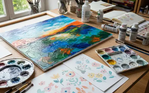 Un tableau de type peinture, aux couleurs vives et texturées, est posé sur un bureau d'artiste, entouré de palettes, de pinceaux et de carnets.