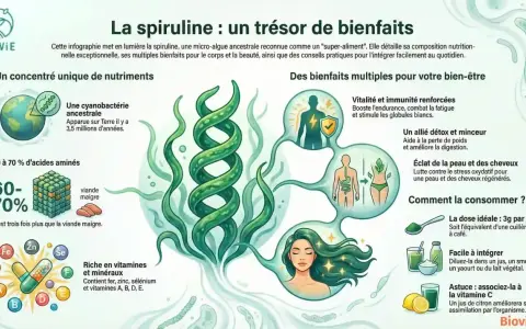 L'infographie détaille les nombreux bienfaits de la spiruline : vitalité, détox, éclat de la peau et des cheveux. Un super-aliment riche en nutriments.