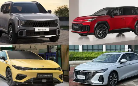 Kompilacja nowoczesnych samochodów klasy premium: szary SUV, czerwony SUV sportowy, żółty sedan i biały sedan.