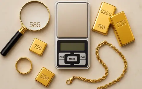 Złota biżuteria i sztabki o różnej próbie złota (585, 750) leżą obok wagi jubilerskiej i lupy.