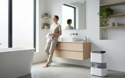 Mujer en baño moderno con deshumidificador, una solución para saber como sacar la humedad del baño sin ventilación.