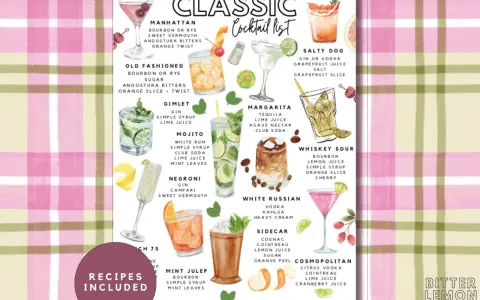 Klassische Cocktails-Liste mit Illustrationen und Zutaten. Rezepte für Manhattan, Mojito, Margarita, Whiskey Sour und mehr.