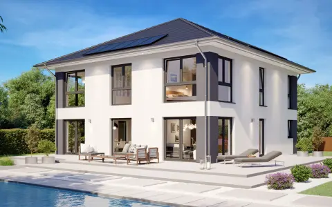 Moderne Stadtvilla mit Pool und Gartenmöbeln. Die Definition einer Stadtvilla: ein repräsentatives Wohnhaus in der Stadt.