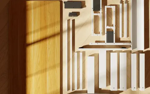Tablero de madera y piezas blancas para hacer escritorio.