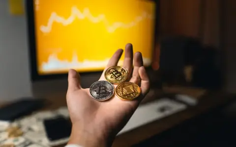 Dłoń trzyma trzy monety kryptowalut: Bitcoin, Ethereum i inną. W tle wykres na monitorze, sugerujący handel na kantory kryptowalut.