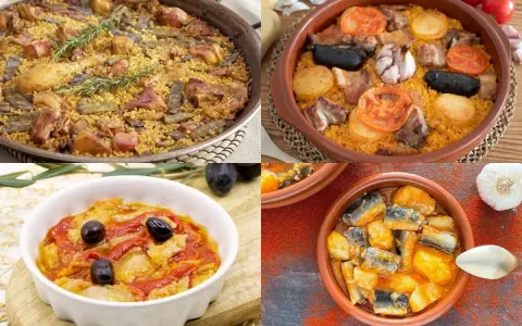 Variedad de comidas típicas de Valencia: paella, arroz al horno, pisto y pescado con patatas.