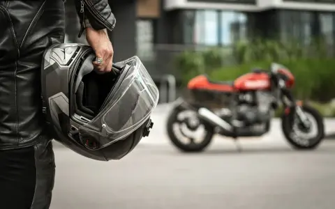 Motociclista in pelle tiene un casco, pronto per misurare la circonferenza della testa per un acquisto perfetto. Moto rossa sfocata sullo sfondo.