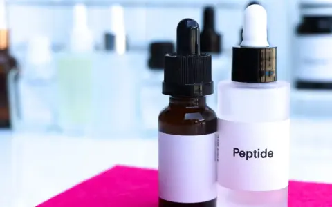 Dwie buteleczki z pipetkami, jedna z napisem "Peptide". Pamiętaj, że peptydy miedziowe z czym nie łączyć, by uniknąć podrażnień.
