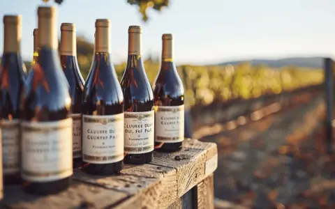 Bouteilles de vin sur une table en bois, avec un vignoble en arrière-plan. Le soleil couchant illumine ce qui pourrait être le meilleur Châteauneuf-du-Pape.