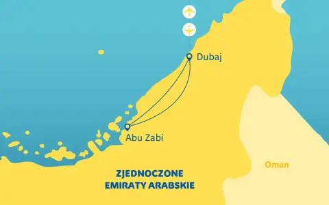 Mapa Zjednoczonych Emiratów Arabskich z zaznaczonym Dubajem i Abu Zabi, z ikonami samolotów.