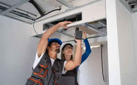 Deux ouvriers travaillent sur l'installation vmc simple flux, l'un perce le plafond, l'autre tient une plaque.