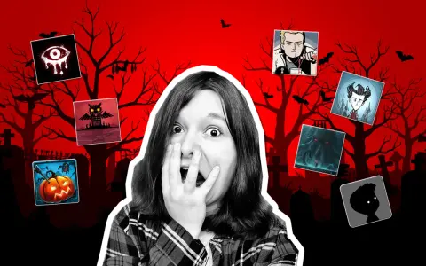 Przerażona dziewczyna otoczona ikonami gier, które mogą być polskimi grami horrorami. Cmentarz i nietoperze w tle.
