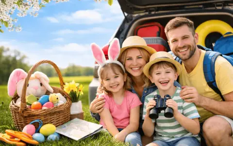 Glückliche Familie mit Osterkörbchen und bunten Eiern, bereit für die Ostereiersuche.
