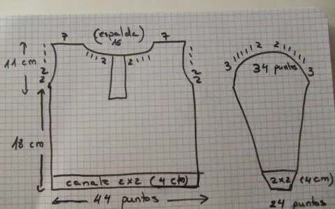 Patrón para jerseys de bebé hechos a mano paso a paso. Incluye medidas y puntos para espalda y manga.