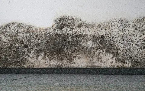Muri bianchi con estesa muffa a puntini scura e grigiastra che avanza dal basso, creando un effetto maculato.