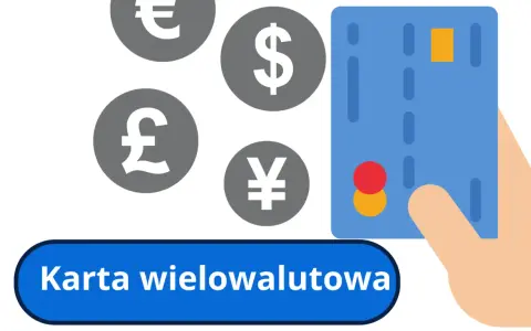 Dłoń trzyma kartę wielowalutową, a w tle symbole euro, dolara, funta i jena.