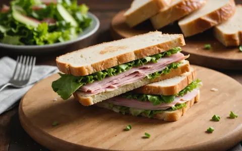Un délicieux sandwich pain viennois garni de jambon et de laitue fraîche, prêt à être dégusté.