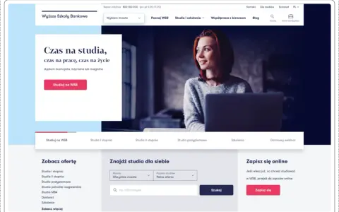 Strona główna WSB online: młoda kobieta z laptopem, oferty studiów, wyszukiwarka kierunków i opcja zapisu online.