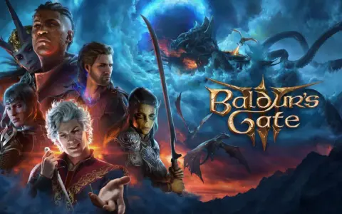 Personajes de Baldur's Gate III, con dragones y un cielo tormentoso.