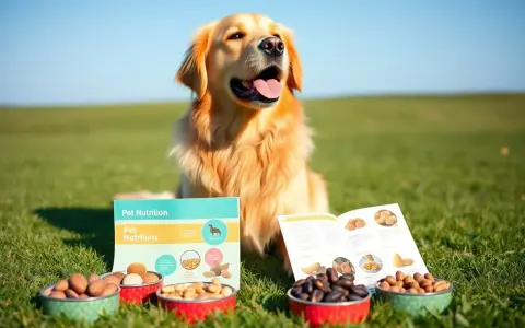 Golden retriever z zaciekawieniem patrzy na miseczki z orzechami i broszurę "Pet Nutrition". Czy psy mogą jeść nerkowce?
