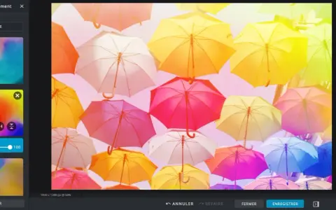 Un ciel rempli de parapluies colorés, comme dans un rêve Pxlr. L'interface d'édition montre des options pour ajouter des éléments et ajuster la transparence.