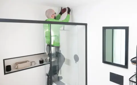 Hombre instala extractor baño en el techo.