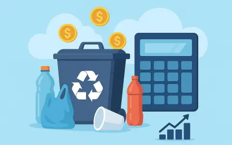 Kosz na śmieci z symbolem recyklingu, butelki, kubek, kalkulator i monety. Utylizacja co to? To sposób na oszczędzanie i zarabianie.