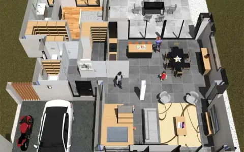 Vue aérienne d'un plan maison 4 chambres avec garage, salon, salle à manger, cuisine et terrasse.