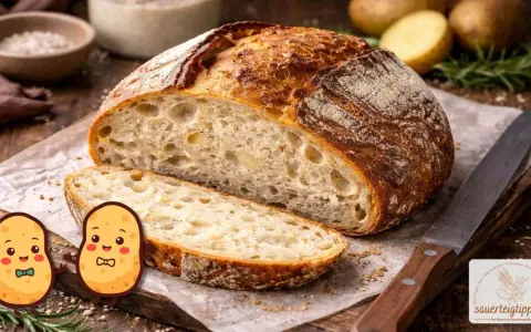 Ein rustikales **Kartoffelbrot mit Sauerteig**, frisch angeschnitten, mit knuspriger Kruste und weicher Krume. Zwei niedliche Kartoffel-Figuren schauen neugierig zu.