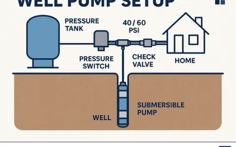 Diagram illustrating a well pump installation, showing a submersible pump in a well connected to a pressure tank, pressure switch, check valve, and a home.