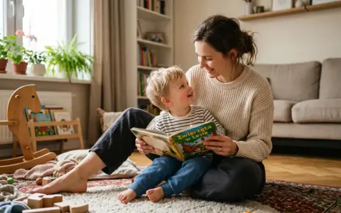 Uśmiechnięta mama czyta książkę swojemu 3-letniemu dziecku. Siedzą na dywanie wśród zabawek.