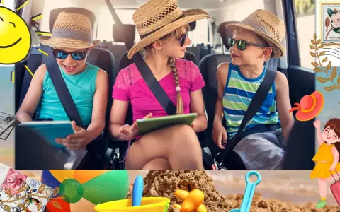 Dzieci w samochodzie, jedno z nich to iPad kid, podróżują na wakacje. Słońce, plaża i zabawki zapowiadają świetny czas.