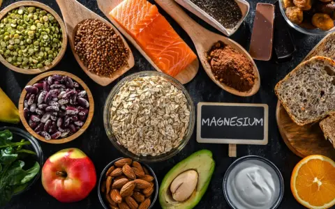 Magnesium-reiche Lebensmittel wie Lachs, Haferflocken, Nüsse und dunkle Schokolade zeigen die Wirkung von Magnesium auf den Körper.