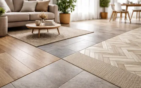 Salon moderne avec différents revêtements de sol : parquet, carrelage et tapis. Une tendance sol qui allie textures et styles.