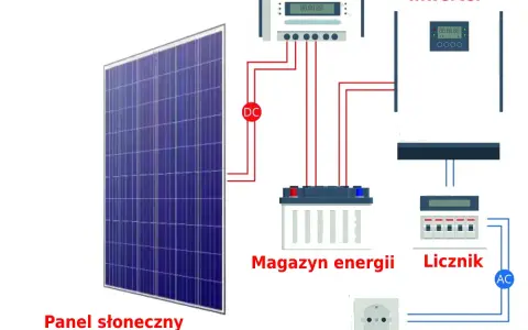 Schemat instalacji fotowoltaicznej: panel słoneczny, kontroler, magazyn energii (baterie sodowo jonowe), inwerter, licznik i odbiornik.
