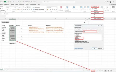 Excel-Tabelle mit Umsatzliste. Die Funktion ANZAHL wird gesucht, um die Anzahl der Einträge zu ermitteln.