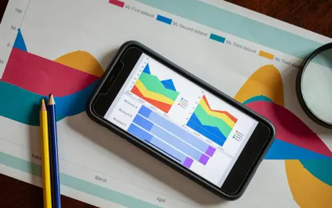 Smartfon z wykresem na ekranie, obok kredki i szkło powiększające. Analiza danych, jak funkcja filtruj Excel.