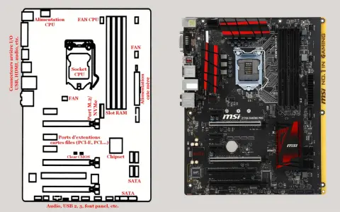 Schéma et carte mère MSI Z170A Gaming Pro. Le socket Intel pour le processeur est bien visible, entouré de connecteurs et de slots RAM.