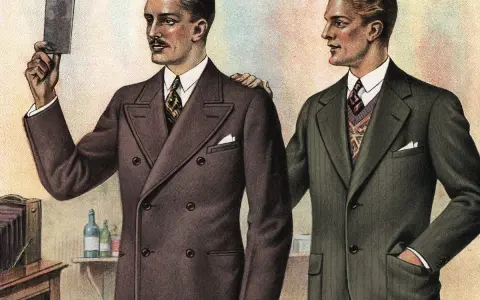 Due uomini eleganti: uno con giacca monopetto, l'altro con doppiopetto, discutono di moda.