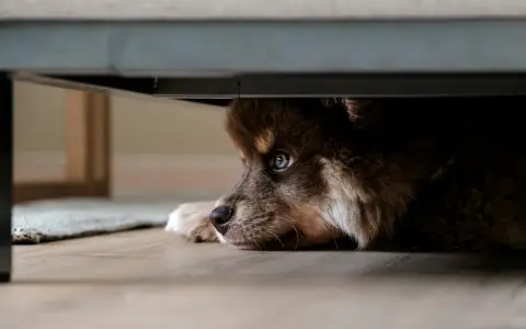 Un adorable chien qui se cache sous un meuble, ses yeux bleus scrutant l'extérieur avec curiosité.