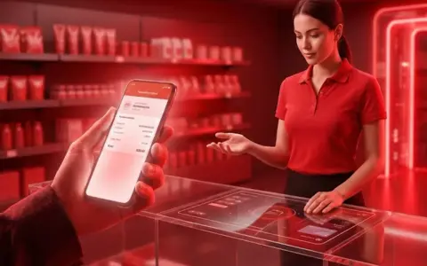Klient pokazuje telefon z aplikacją, gdzie widnieje informacja o zwrocie bez paragonu. Sprzedawczyni w sklepie z neonowym oświetleniem czeka na dalsze instrukcje.