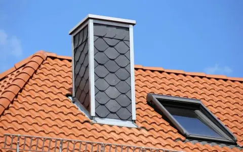Schornstein verkleiden innen mit Schieferplatten. Dachziegel und Dachfenster sind zu sehen.