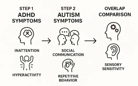 Porównanie objawów ADHD (nieuważność, nadpobudliwość) i autyzmu (komunikacja społeczna, powtarzalne zachowania) z obszarami nakładania się.