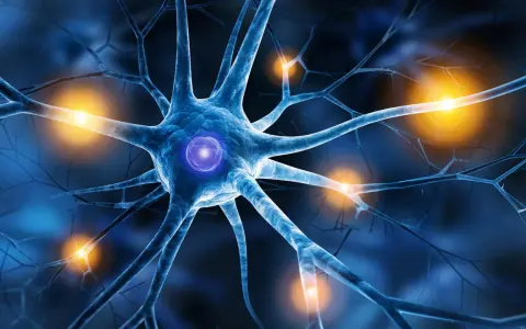 Blaues Neuron mit leuchtendem Kern und orangefarbenen Impulsen, die auf die Nervenbahnen hindeuten. Mögliche Darstellung von small fiber neuropathie augen.