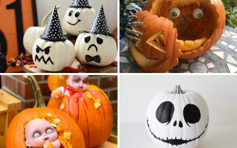 Calabazas decoradas manualidades: caras graciosas, un esqueleto sosteniendo una calabaza tallada, muñecas espeluznantes y Jack Skellington.
