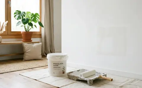Un cubo de pintura anticondensación y un rodillo esperan para renovar la pared. ¡Se puede pintar encima de pintura anticondensación sin problema!