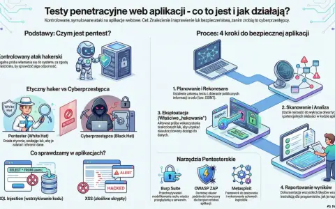 Ilustracja przedstawia proces web testing, czyli etapy pentestu: planowanie, skanowanie, eksploatację i raportowanie, z użyciem narzędzi jak Burp Suite.