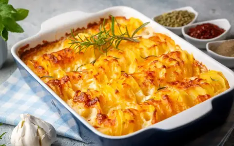 Patate al forno veloci, dorate e cremose, guarnite con rosmarino fresco. Un contorno perfetto per ogni pasto.