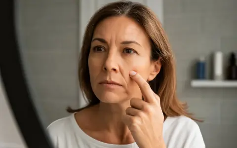 Mujer se toca la cara, preocupada por el surco nasogeniano. Busca soluciones para eliminar surco nasogeniano y rejuvenecer su piel.