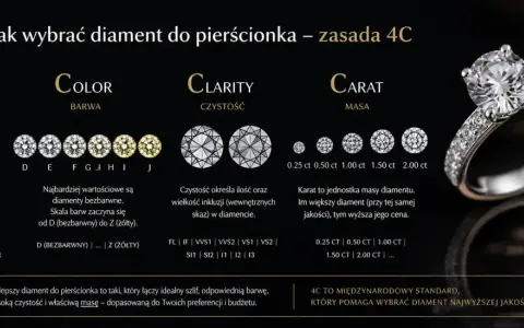 Jak rozpoznać diament w pierścionku? Poznaj zasadę 4C: szlif, barwę, czystość i masę (karat), by wybrać idealny kamień.